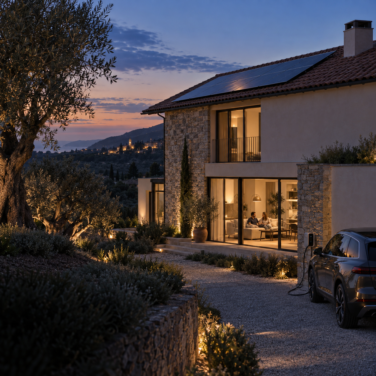 Visualizzazione di una casa ligure al tramonto con fotovoltaico, auto in ricarica e una coppia che si rilassa